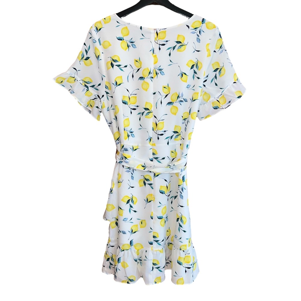 Banana Republic Lemon Print Mini Dress Size 14 White Yellow Ruffle Tie Waist - Picture 6 of 15